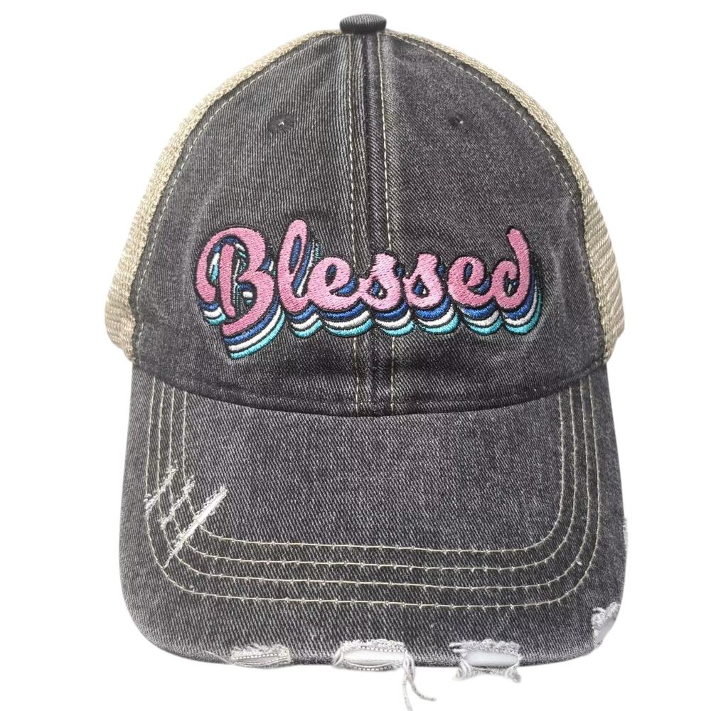 Katydid Baseball Cap Hat Gray Beige Blessed Embroidered OS Strapback Distressed